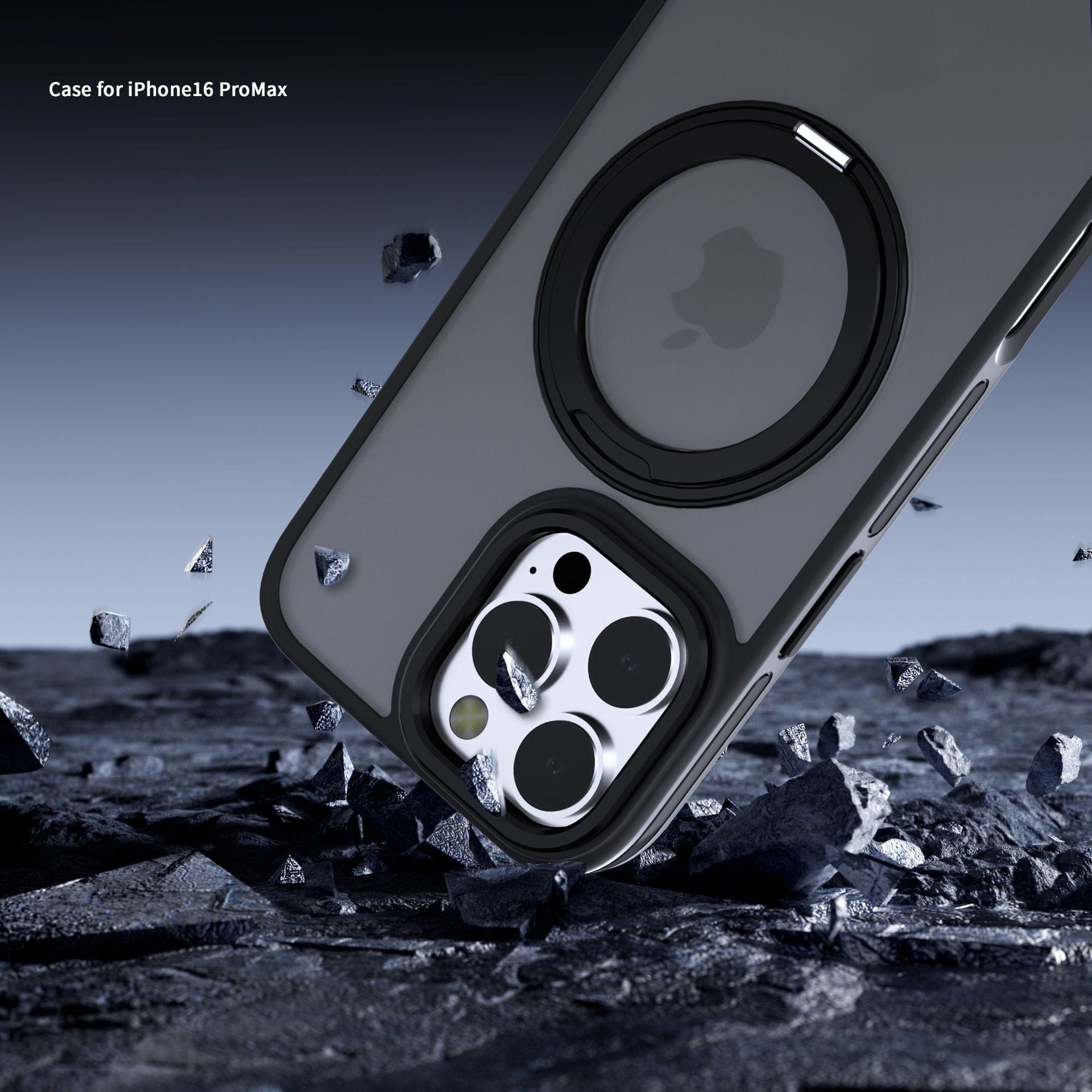 A close-up of the Matte Finish iPhone 16 Pro Max Case with Rotating Ring Holder, highlighting its precise camera cutout and MagSafe ring, set against a rugged rocky surface with scattered rocks in the background.