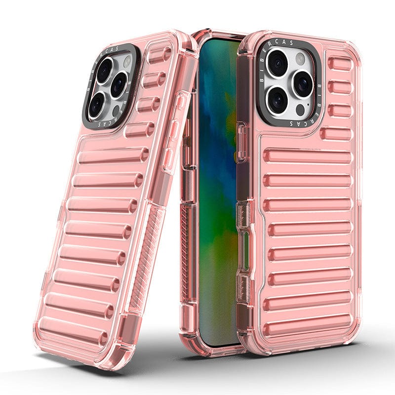 Two pink iPhone 16 Pro Max Clear Air Cushion Cases are displayed, one standing upright and the other tilted to reveal the front screen of a smartphone. These Shockproof TPU & PC Hybrid Covers feature dual-layer protection with air cushion technology for enhanced durability and safety, compatible with wireless charging.