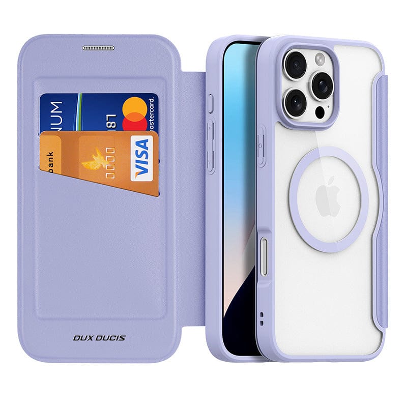 A smartphone in the iPhone 16 Pro Max Wallet Case with RFID Protection and MagSafe - Premium Leather Flip Cover, featuring a lavender hue, with a clear back and an attached cover. Two credit cards are visible in the card slots inside the cover. The case also boasts MagSafe compatibility for effortless charging.