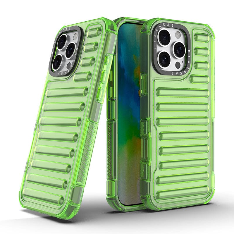 Two green, ribbed iPhone 16 Pro Max Clear Air Cushion Cases are displayed. One case stands upright, showcasing the back and camera area with Dual-Layer Protection. The other leans at an angle, revealing the phone screen enhanced by Air Cushion Technology for added safety.