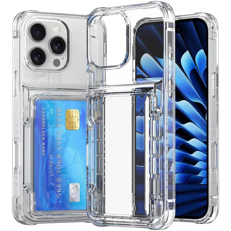 iPhone 16 Pro Max Clear Case with Kickstand and Card Holder | Shockproof TPU + PC Protective Cover, showcasing a phone with a blue and black wallpaper and a credit card inserted in the holder. Multiple views displayed.