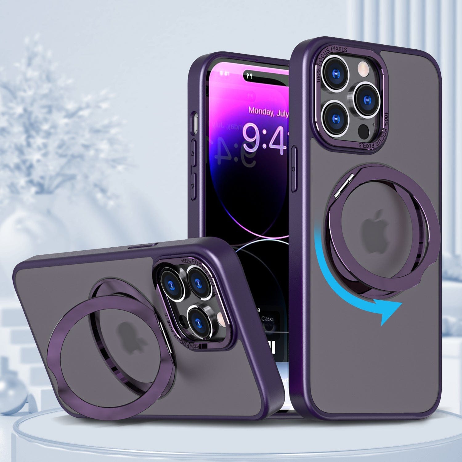 Two smartphones with purple protective cases and rotating kickstands; one is standing upright showing the front screen of an iPhone 16 Pro Max case, while the other is laid flat revealing the back of the iPhone 16 Pro Max Case - Shockproof with 360° Rotating Stand, MagSafe Compatible, Anti-Fingerprint, Anti-Smudge.