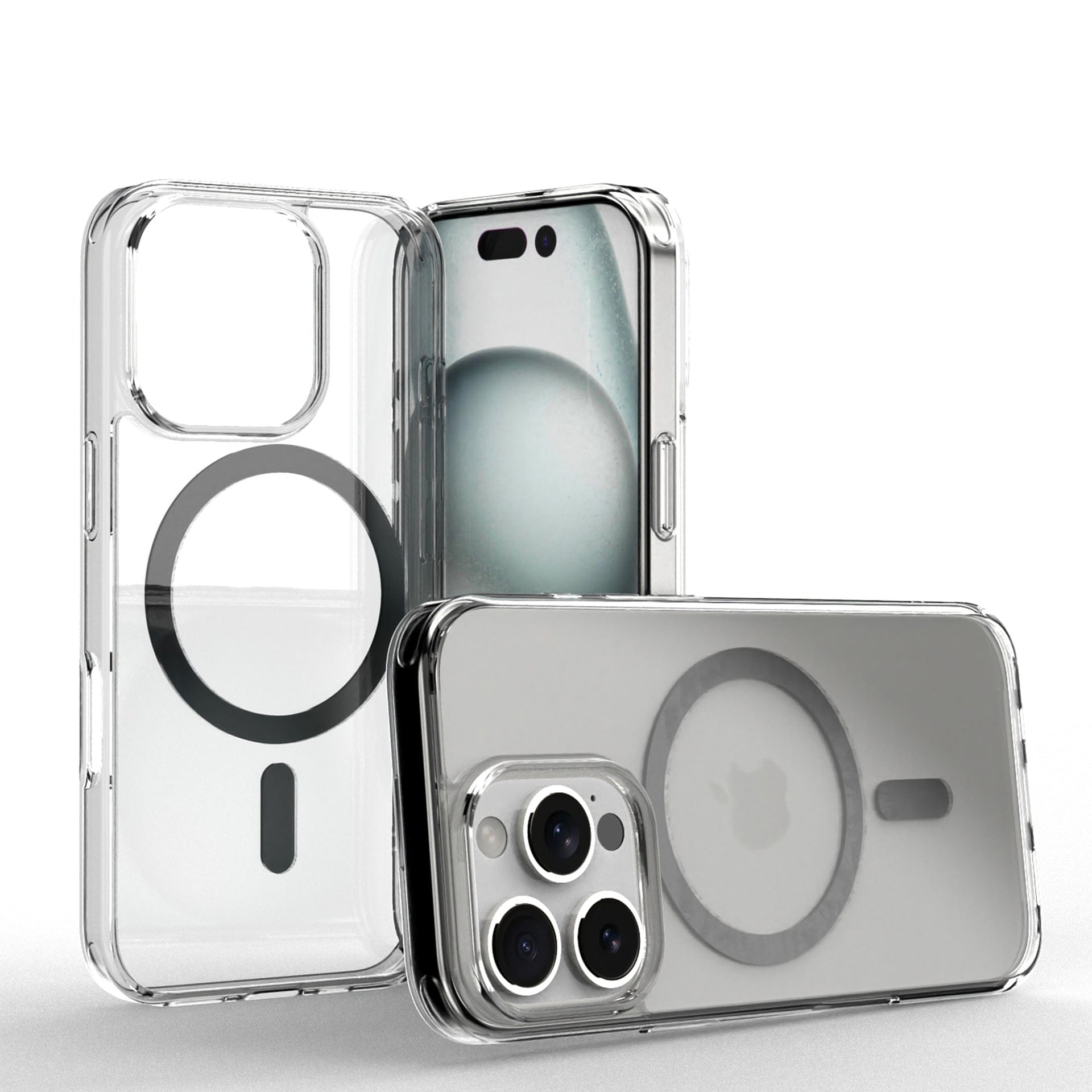 Ultra-thin clear cases designed for the iPhone 16 Pro Max are shown, incorporating MagSafe technology and a triple-lens camera system, with a visible circular magnet inside for wireless charging. The product name is "Ultra-Thin Clear iPhone 16 Pro Max Case with MagSafe," featuring a 0.07mm slim fit, shockproof bumper, TPU frame, and PC back.