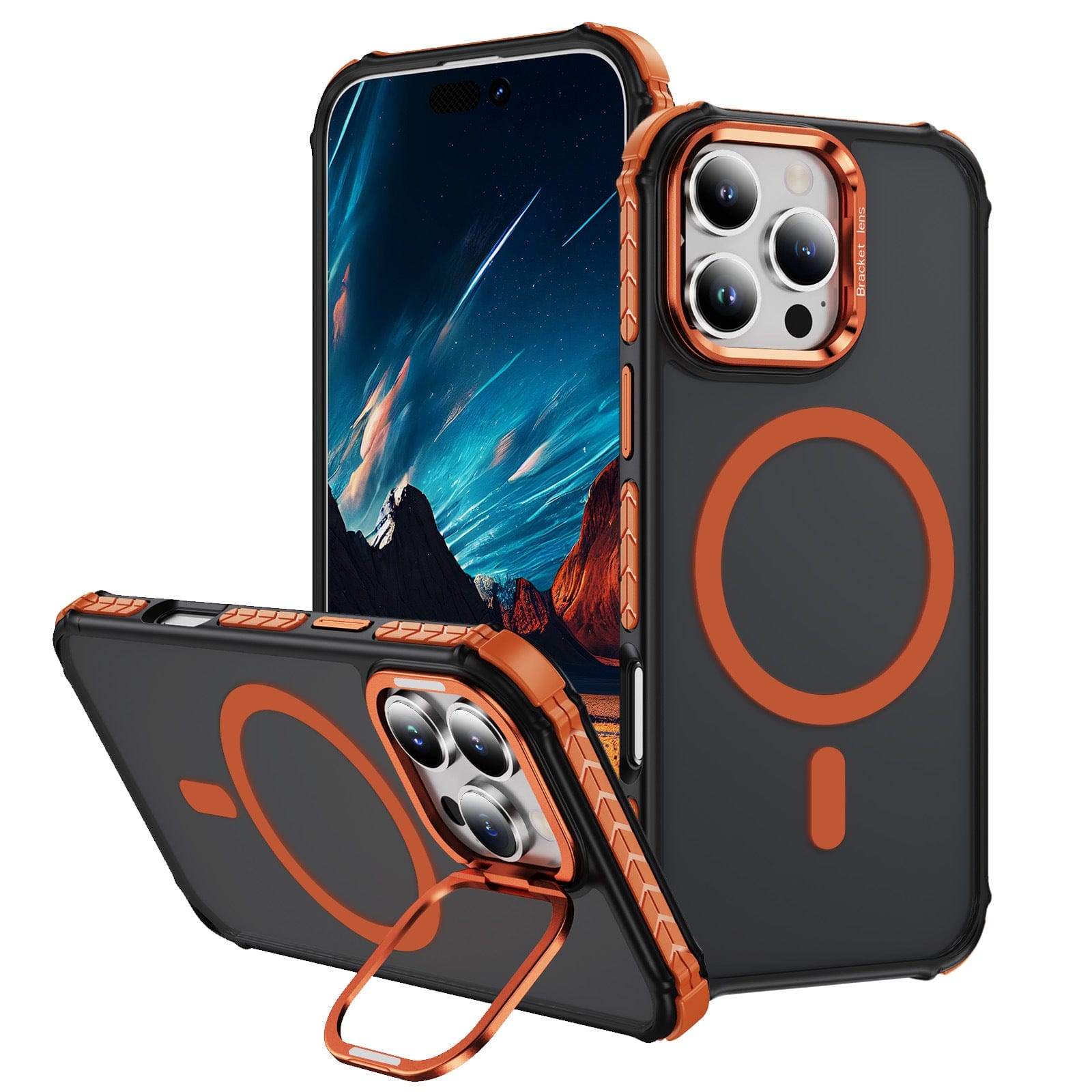 Two iPhone 16 Pro Max smartphones in matching Rugged MagSafe Cases with dual-layer shockproof protection and orange accents. One phone stands upright, displaying a mountain and night sky wallpaper, supported by the metal kickstand, while the other lies down, showcasing the back of the case featuring MagSafe compatibility.