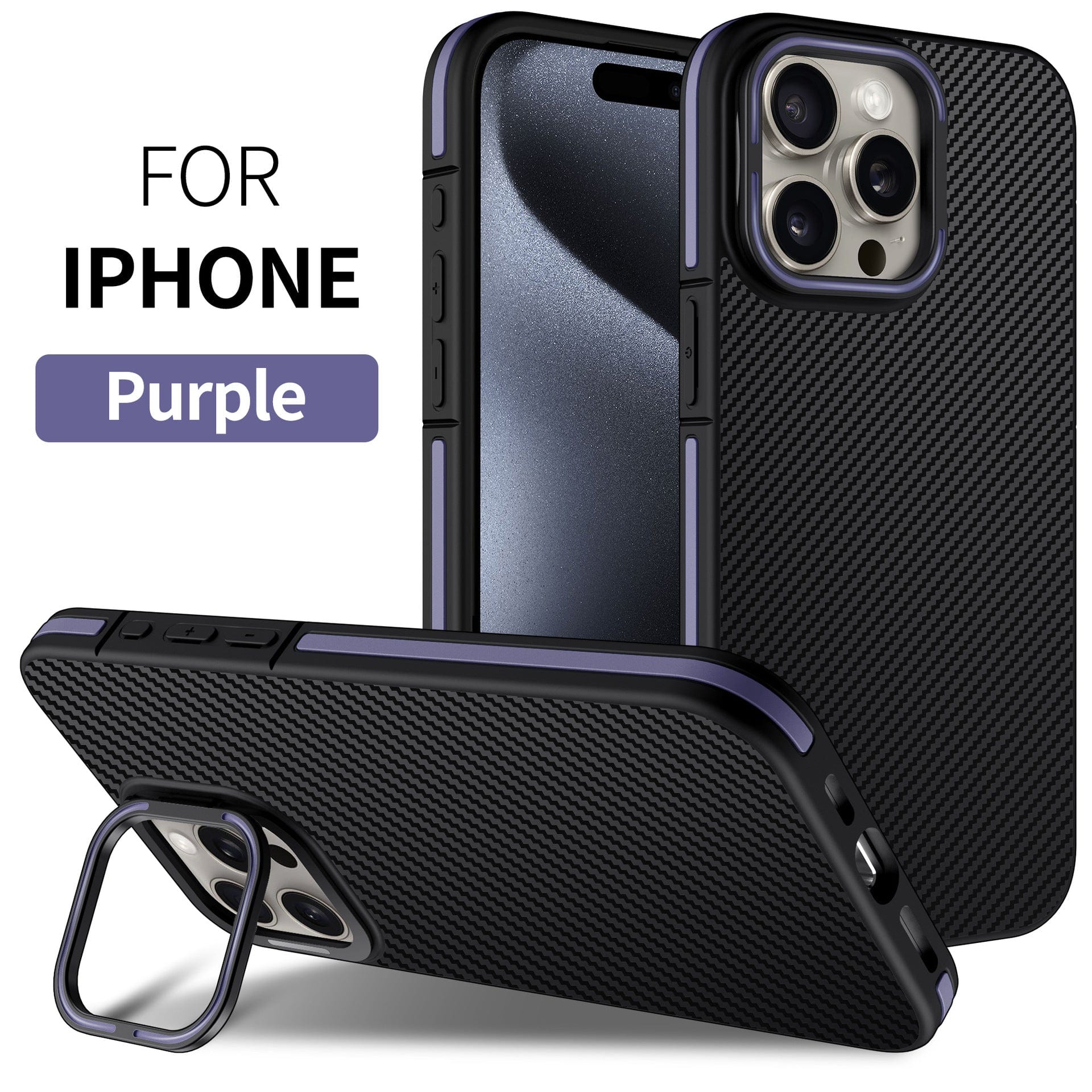 Two iPhone 16 Pro Max Carbon Fiber Texture Cases with black and purple designs are shown, one standing and one lying down. These cases feature textured surfaces and reinforced corners. The text reads "For iPhone Purple.