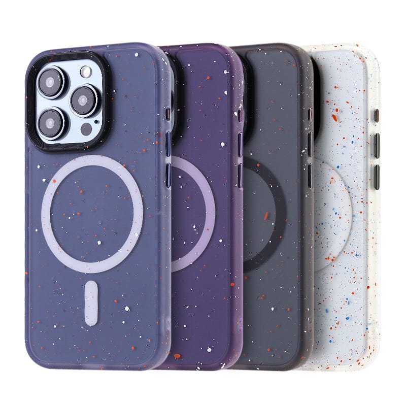 Four Speckled MagSafe iPhone 16 Pro Max Cases in different colors are displayed side by side, each featuring a circular design around the camera area.