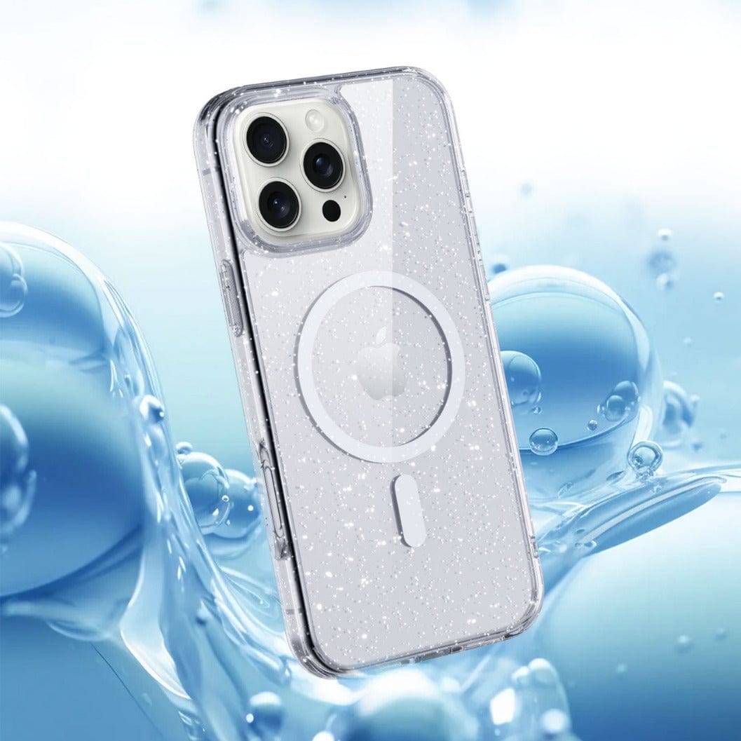 A Slim Clear MagSafe iPhone 16 Pro Max case, made of TPU material with air cushion corners and boasting anti-fingerprint and anti-stain features, cradles a sleek smartphone as it floats in water with bubbles gleaming in the background.