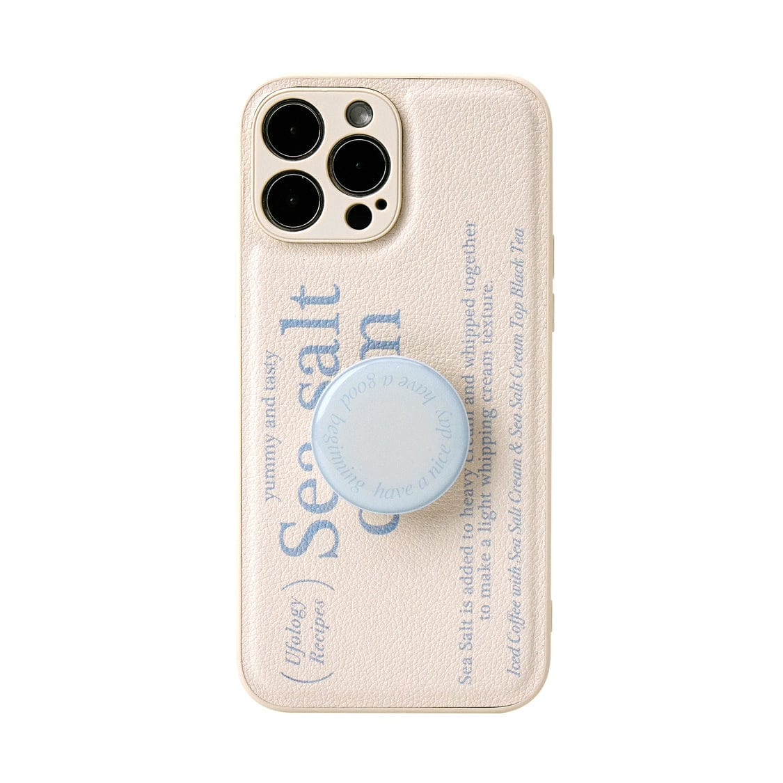 A Sea Salt Cream MagSafe iPhone 16 Pro Max Case, featuring a minimalist textured design and blue text that reads "Sea salt cream," covers a smartphone. The case includes a matching blue stand.