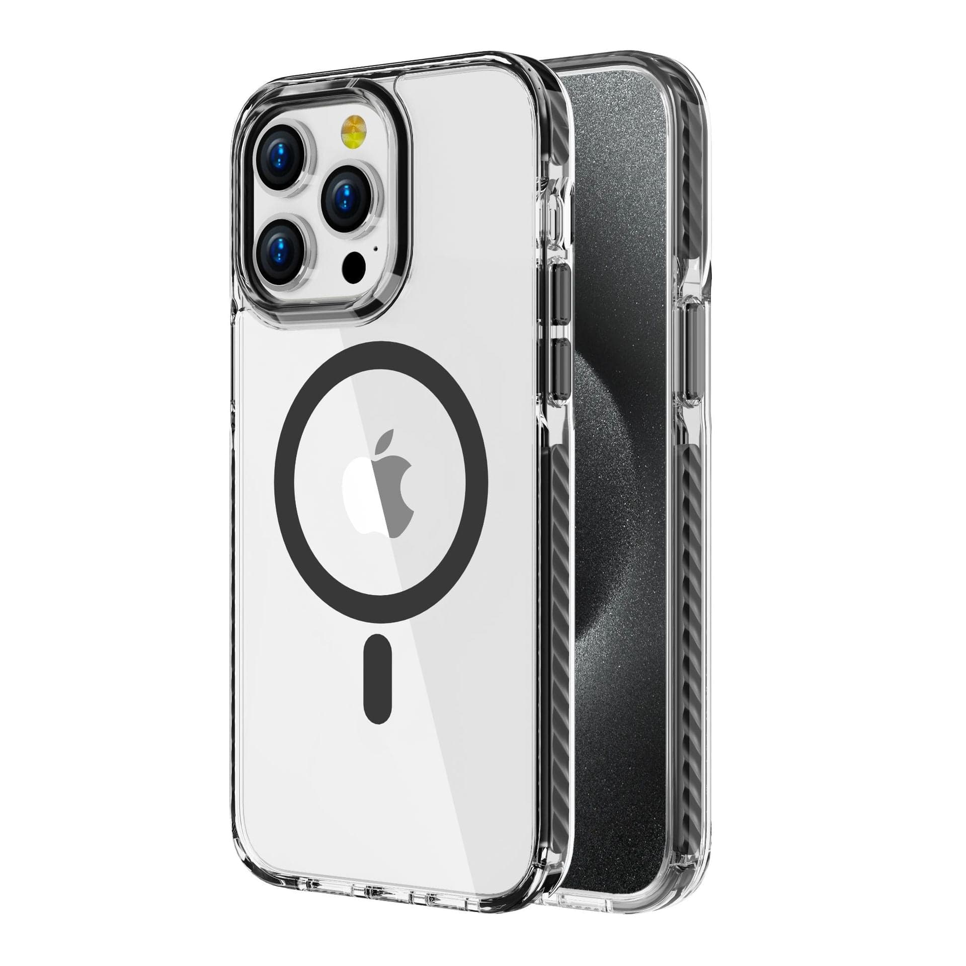 Displayed on a smartphone is an iPhone 16 Pro Max Case - Acrylic Backplate with TPU Frame, Shockproof, and MagSafe Compatible. The case showcases a transparent design with a circular MagSafe feature on the back and precise cutouts for the camera, buttons, and ports.