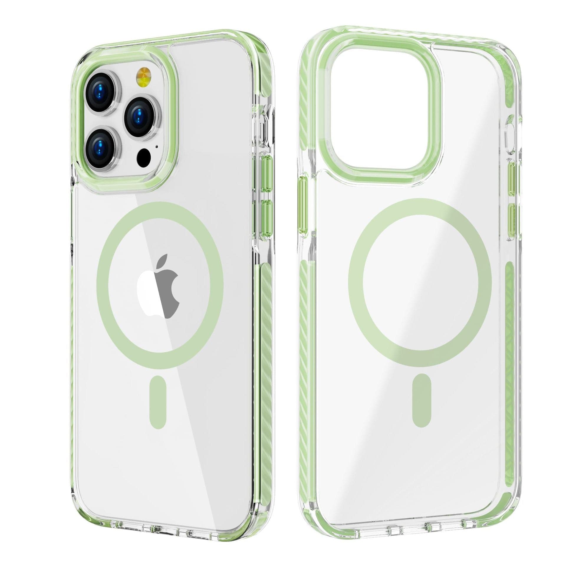 Two iPhone 16 Pro Max cases with an acrylic backplate and a TPU frame featuring light green borders. The transparent case on the left has cutouts for three cameras, an Apple logo, and a circular design on the back. The case on the right has the same circular design without the camera cutouts. Both cases are shockproof and MagSafe compatible.