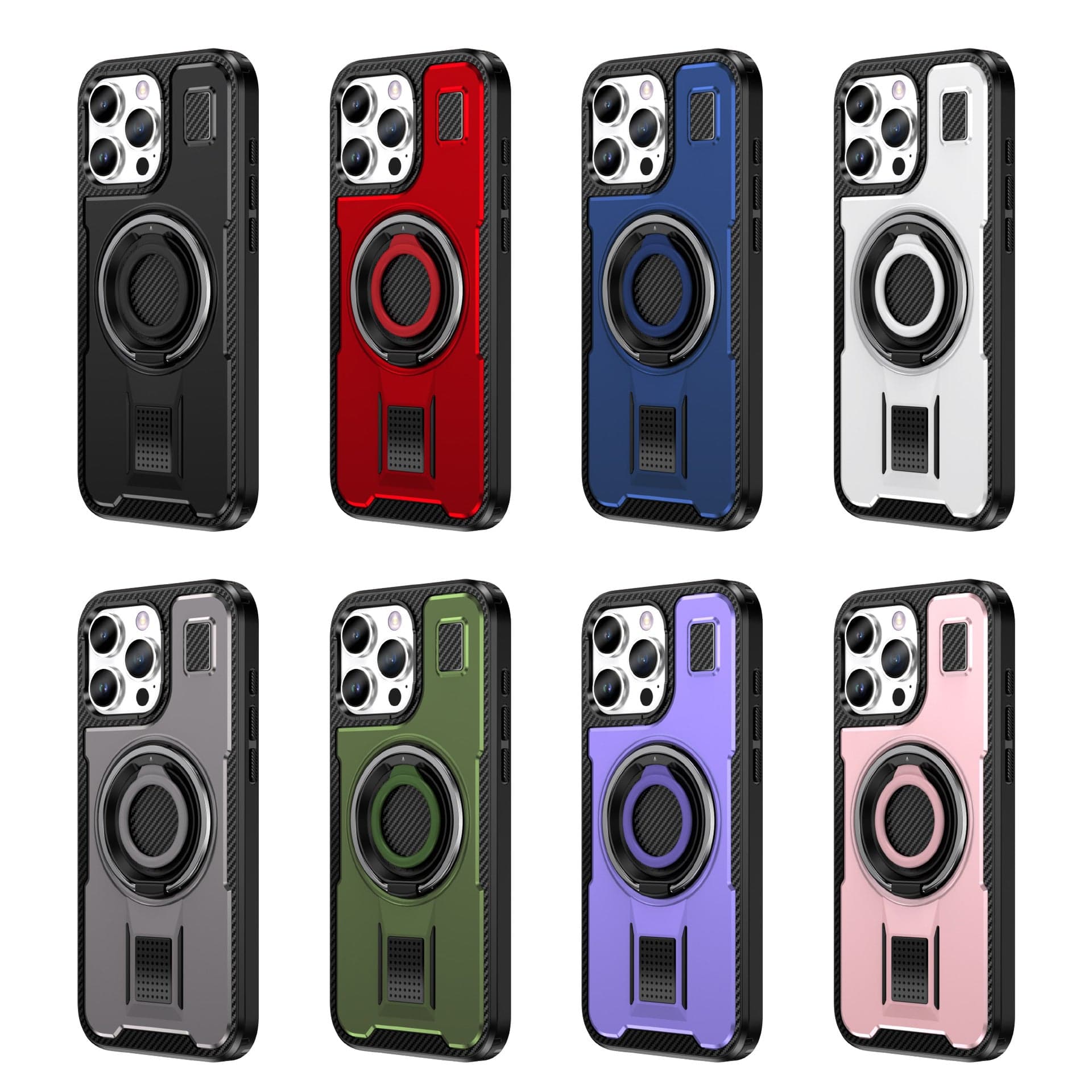 Eight Heavy-Duty iPhone 16 Pro Max Cases with 360° Rotating Ring Holders, available in black, red, blue, silver, green, purple, white, and pink are displayed in two rows. Each features reinforced corners, raised edges for extra protection, and MagSafe compatibility with a rugged design accented with carbon fiber.