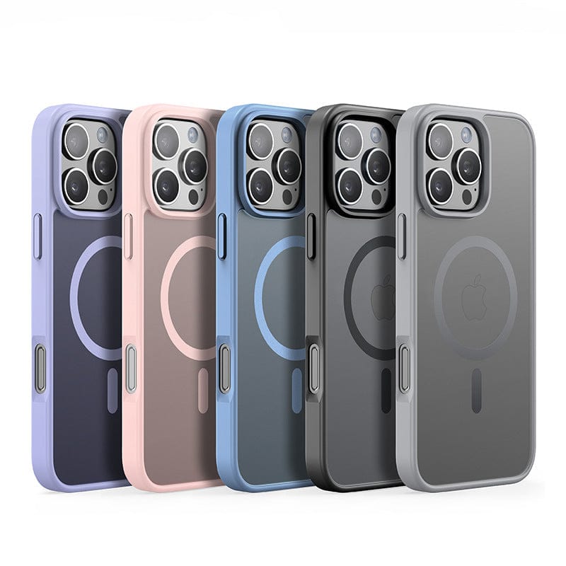 Five iPhone 13 models in various colors with MagSafe-compatible cases stand upright, showcasing the rear camera setup and circular MagSafe design, just like the sleek iPhone 16 Pro Max Case - Matte Finish, MagSafe Compatible, Anti-Fingerprint, Shockproof PC Backplate.