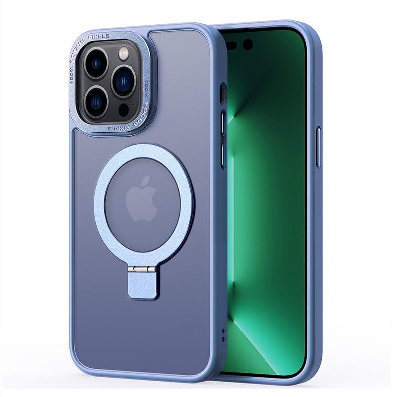 A blue iPhone 16 Pro Max is enclosed in a MagSafe iPhone 16 Pro Max Case with Ring Stand, featuring a soft-touch finish and made of TPU+PC material. The phone showcases a triple-camera system encased in a metal frame on the back and includes an anti-slip design and MagSafe ring. The screen is turned off, displaying a blank green background.