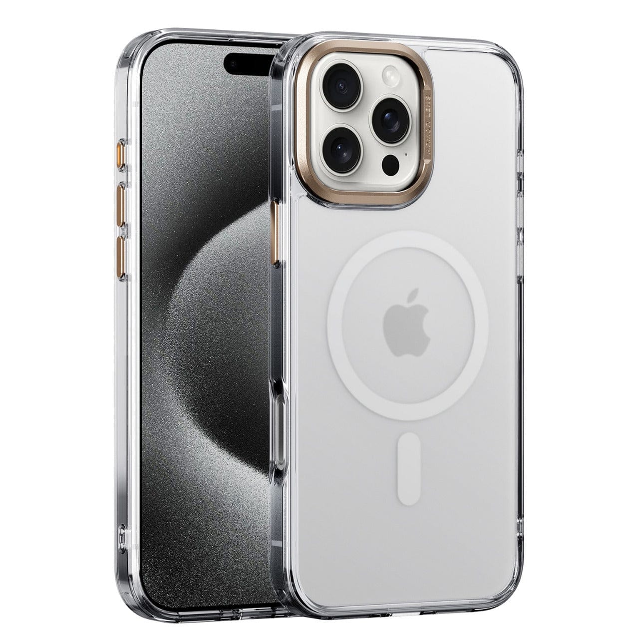 Two iPhone 16 Pro Max devices encased in clear cases, showcasing front and back views. The back displays a circular design with a triple-camera setup, complemented by raised camera protection to guard against drops and anti-fingerprint technology for a pristine appearance.