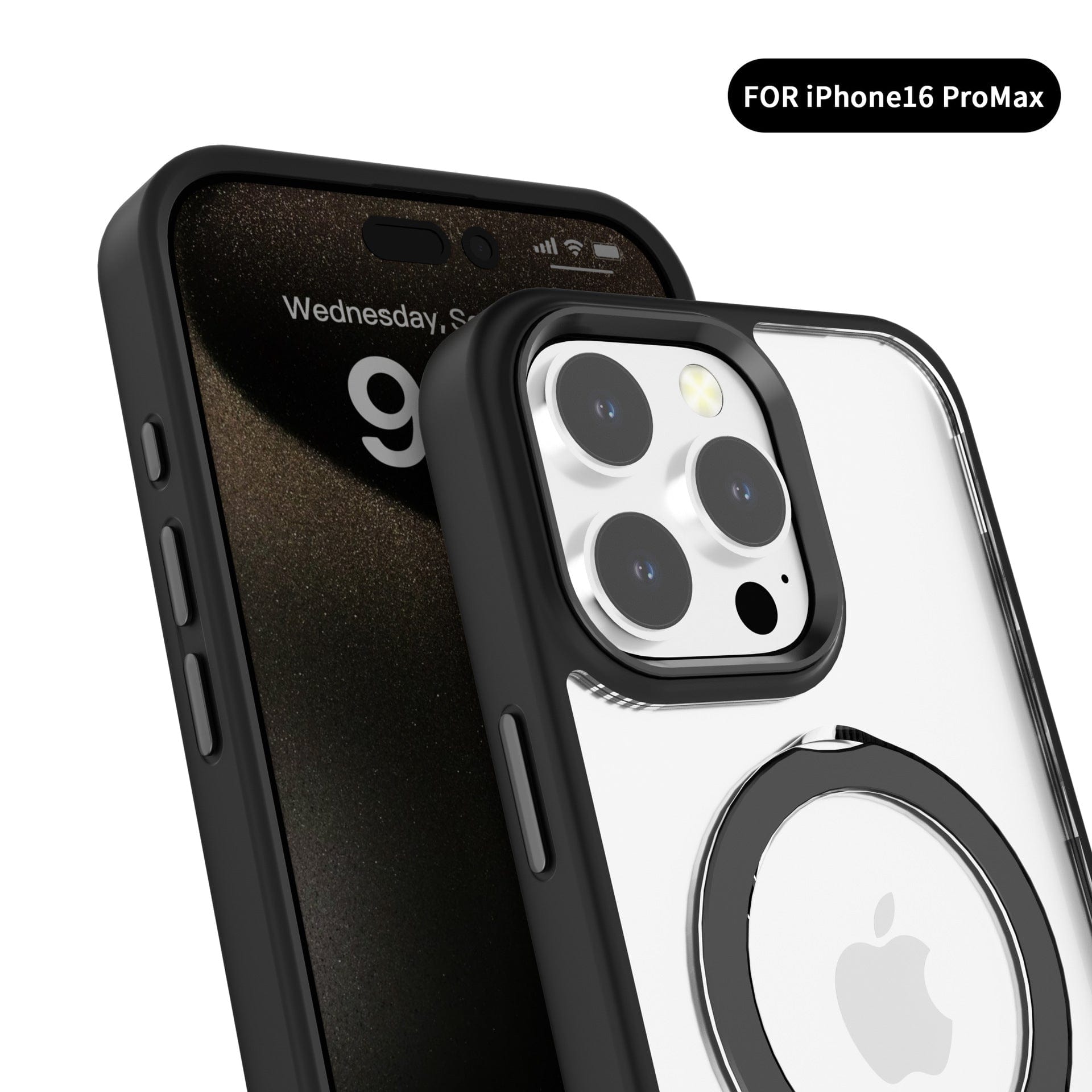 Close-up of the iPhone 16 Pro Max Case with Ring Holder in a sleek black design featuring a clear back, showcasing the camera array and MagSafe ring. The display reads 9:41, and the device is labeled "FOR iPhone16 ProMax.