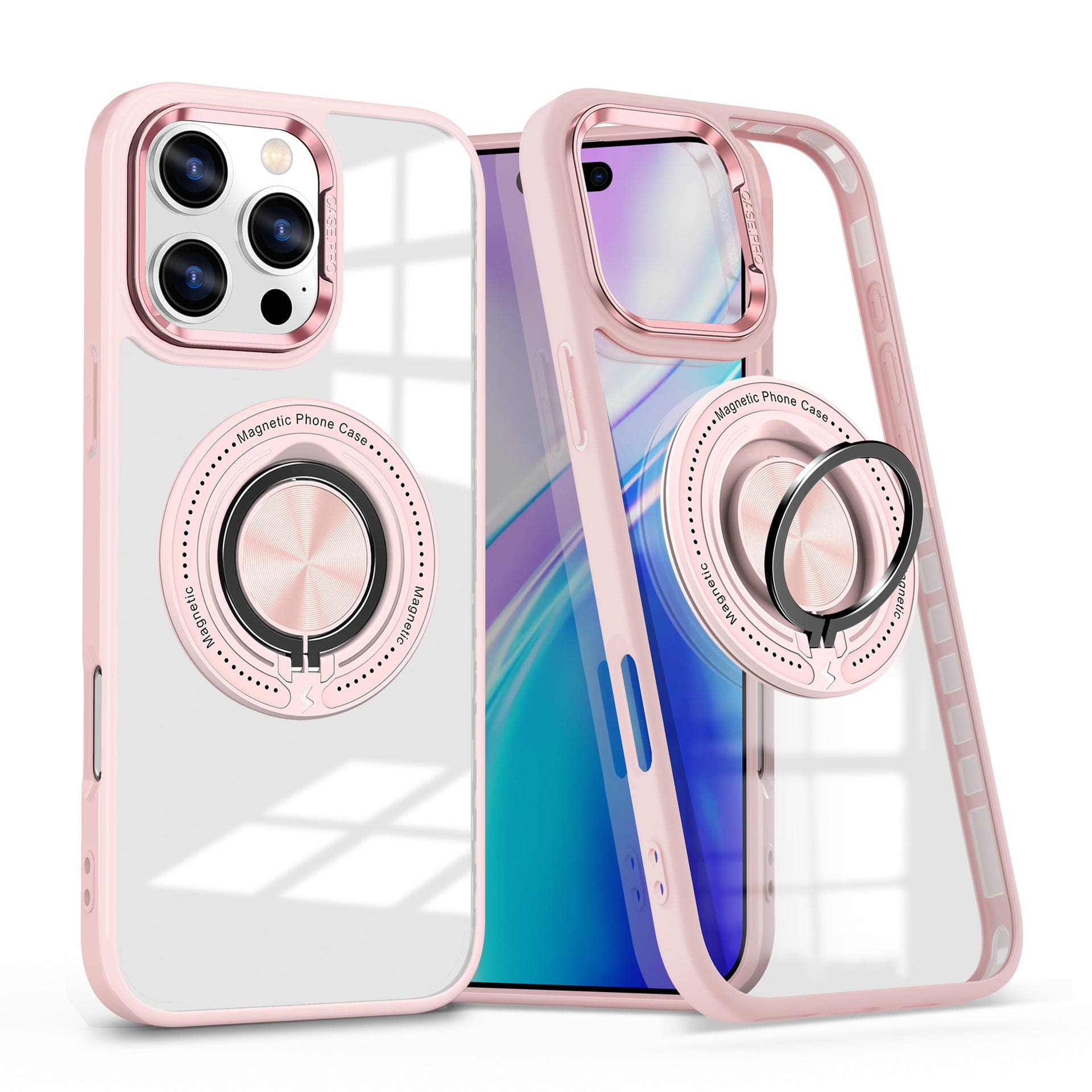 Two *Magnetic Ring iPhone 16 Pro Max Cases* with built-in 360° rotating finger ring stands and pink borders. Both are clear covers designed for the iPhone 16 Pro Max with triple rear cameras, featuring one case shown front-facing and the other back-facing. These shockproof cases are MagSafe compatible for added convenience.