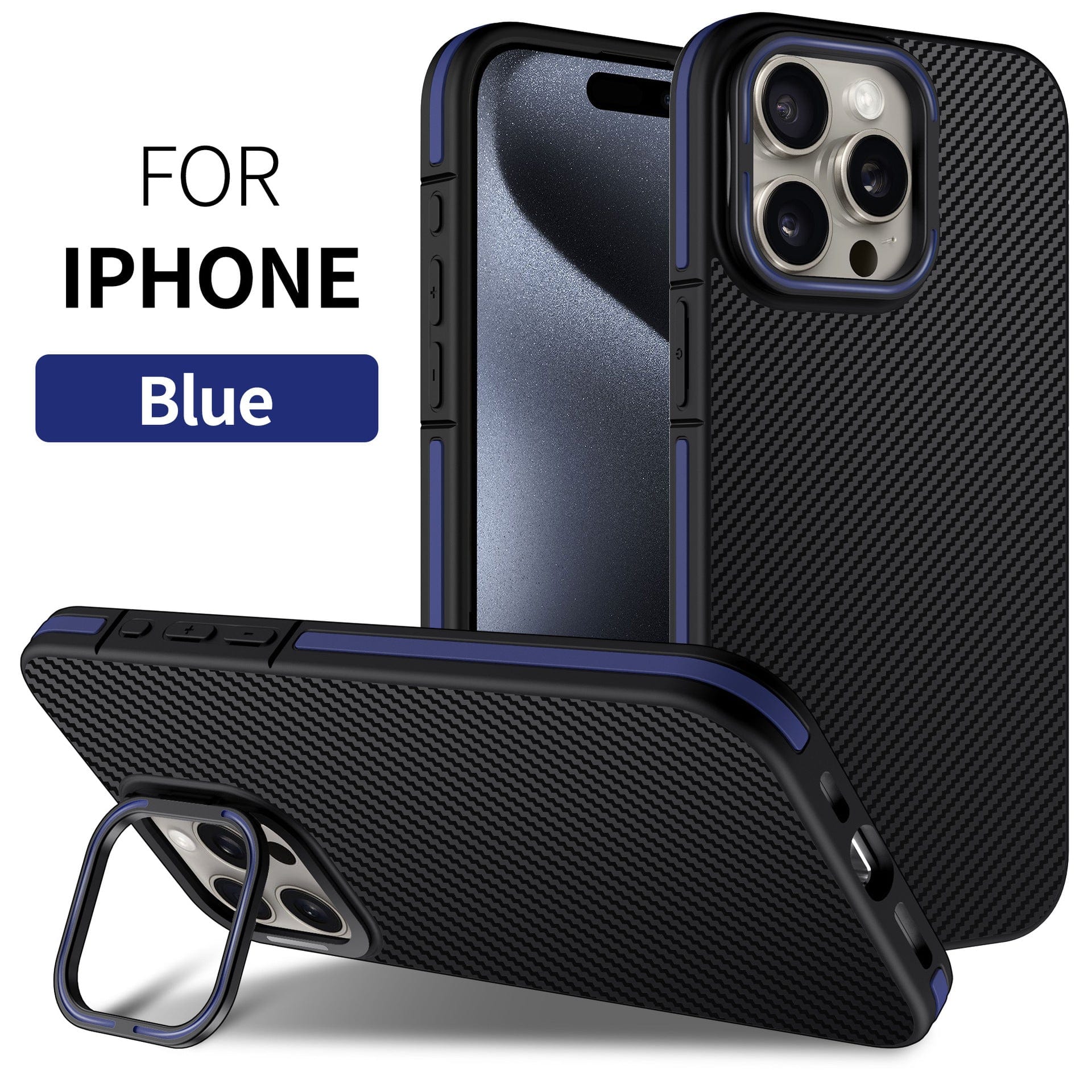 Two images of an iPhone 16 Pro Max Carbon Fiber Texture Case, showing front and back views, with textured surfaces and reinforced corners. The text "FOR IPHONE 16 PRO MAX Blue" is displayed on the image.