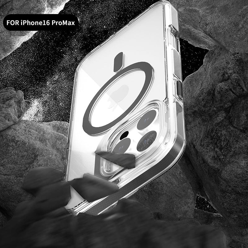 Clear MagSafe iPhone 16 Pro Max Case with Acrylic Frame Stand, made from TPU and acrylic materials, is showcased in a rocky, space-like setting. The case highlights the back camera and MagSafe ring while ensuring your device stays shielded and its sleek design remains visible.