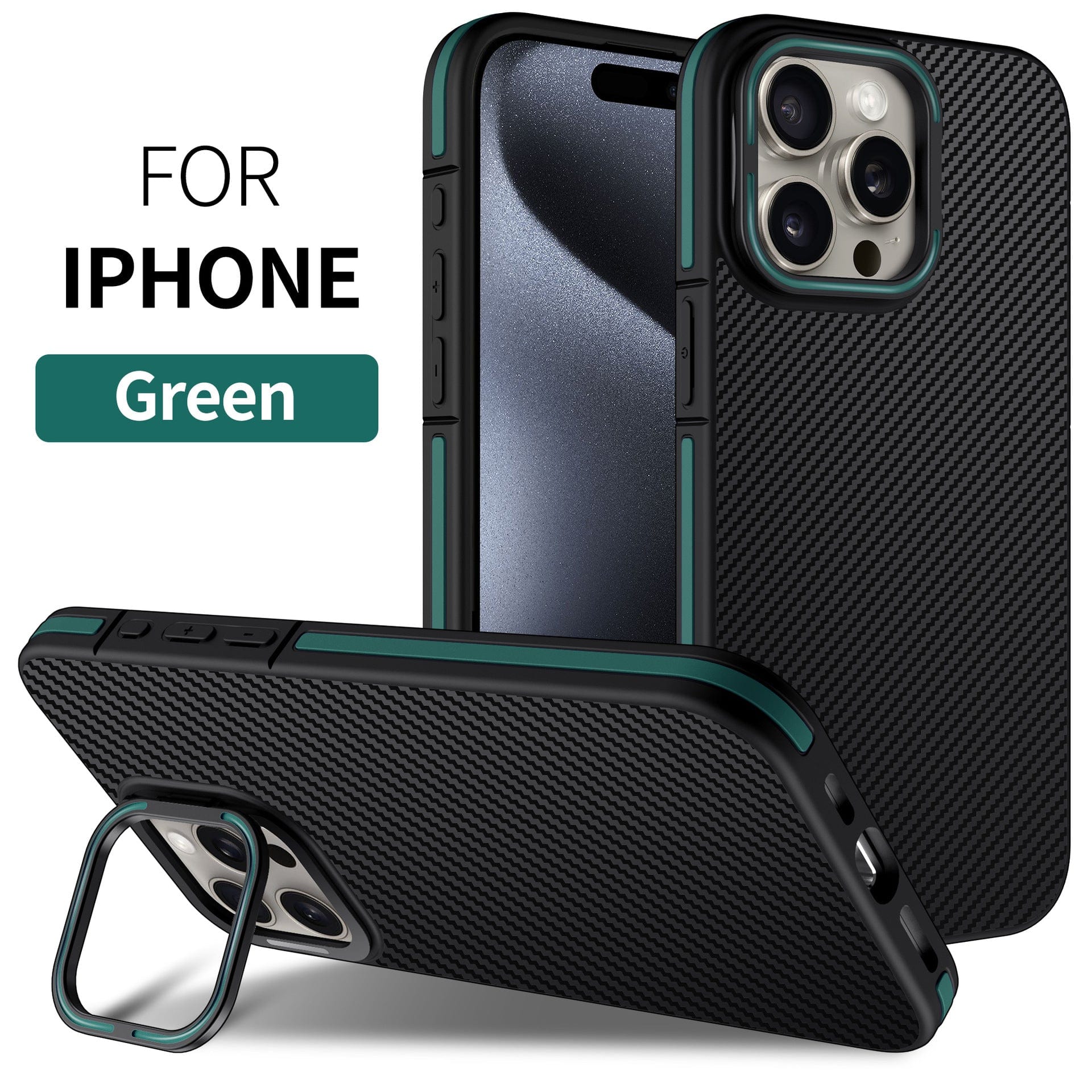 A green and black carbon fiber textured iPhone 16 Pro Max case with raised edges, displayed with one phone upright and another case showing the back and camera protection. Text reads "For iPhone Green." The case is shockproof and comes with a metal kickstand, while also being MagSafe compatible.