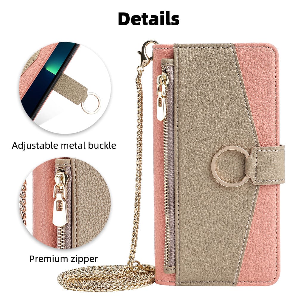 Close-up image of an iPhone 16 Pro Max Crossbody Wallet Case featuring a premium adjustable metal buckle, a sleek zipper, and a luxurious gold-colored chain strap. Text at the top reads "Details.