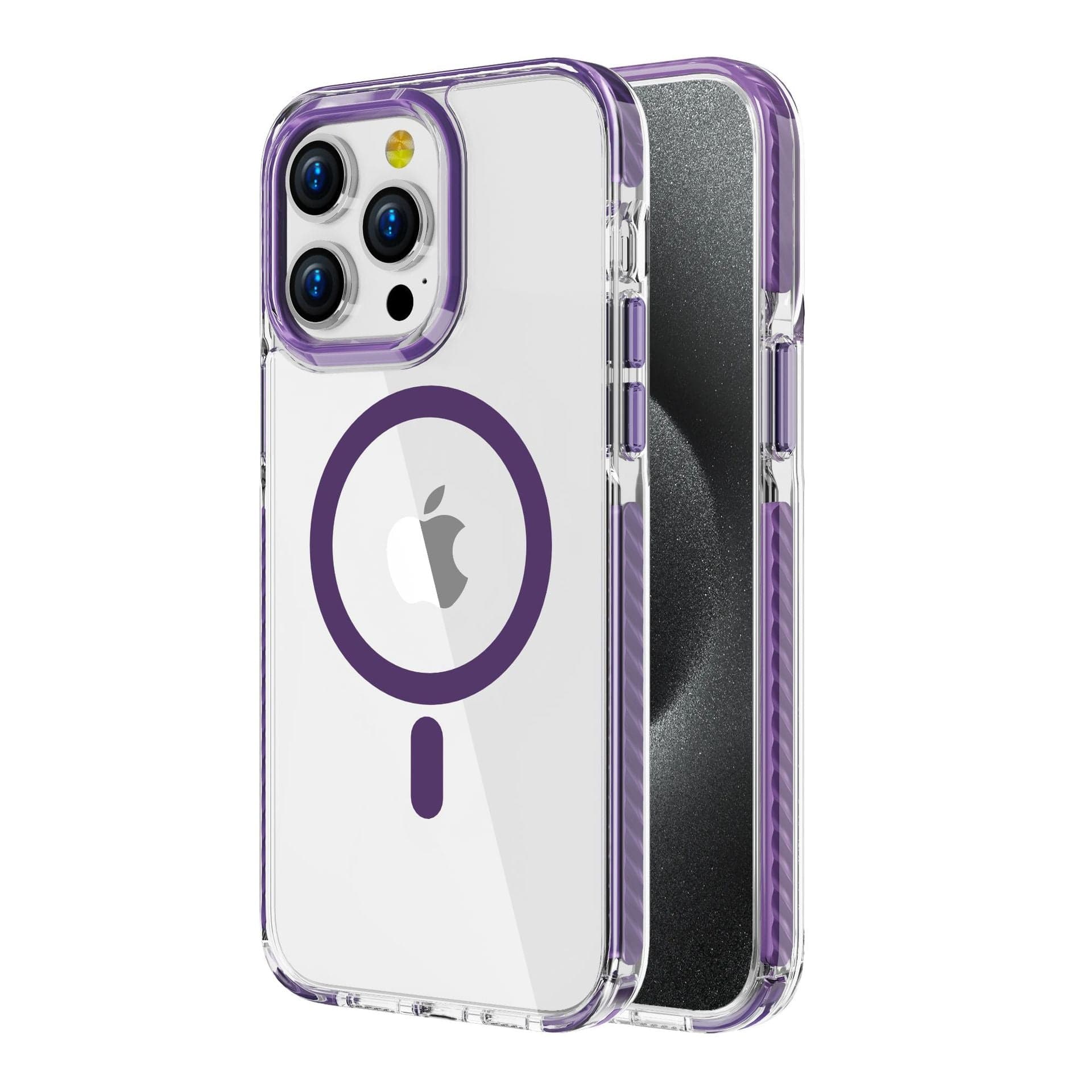 Here is an iPhone 16 Pro Max case featuring a clear acrylic backplate, a shockproof TPU frame with a purple outline, and an Apple logo. The case also includes a circular design that indicates its MagSafe compatibility.