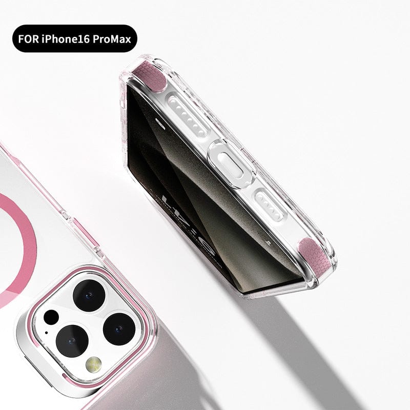 Clear MagSafe iPhone 16 Pro Max case with reinforced corner bumpers and precise cutouts, featuring an acrylic frame stand, shown on a white surface.