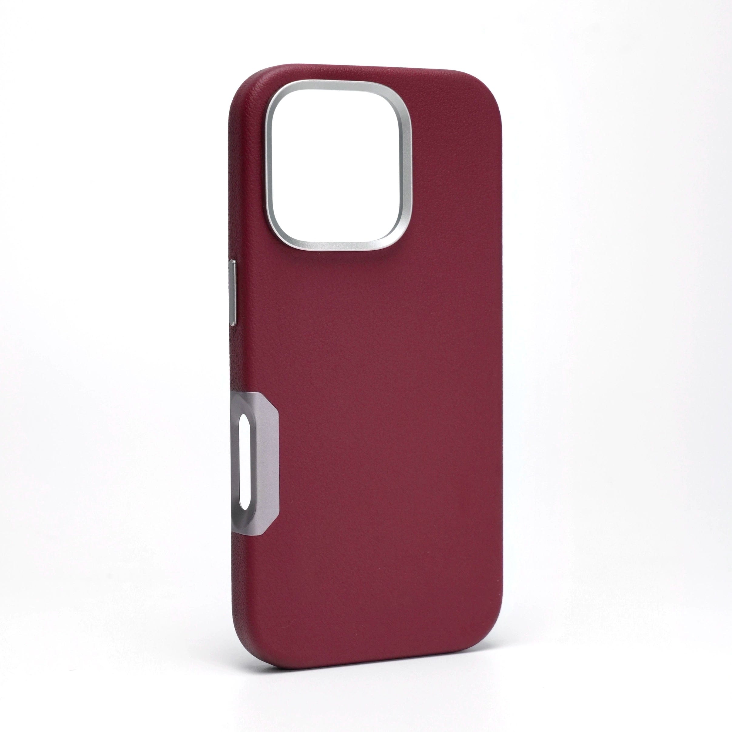 The iPhone 16 Pro Max Leather Case in maroon boasts a stylish electroplated aluminum alloy camera frame and side button accents, set against a white background.