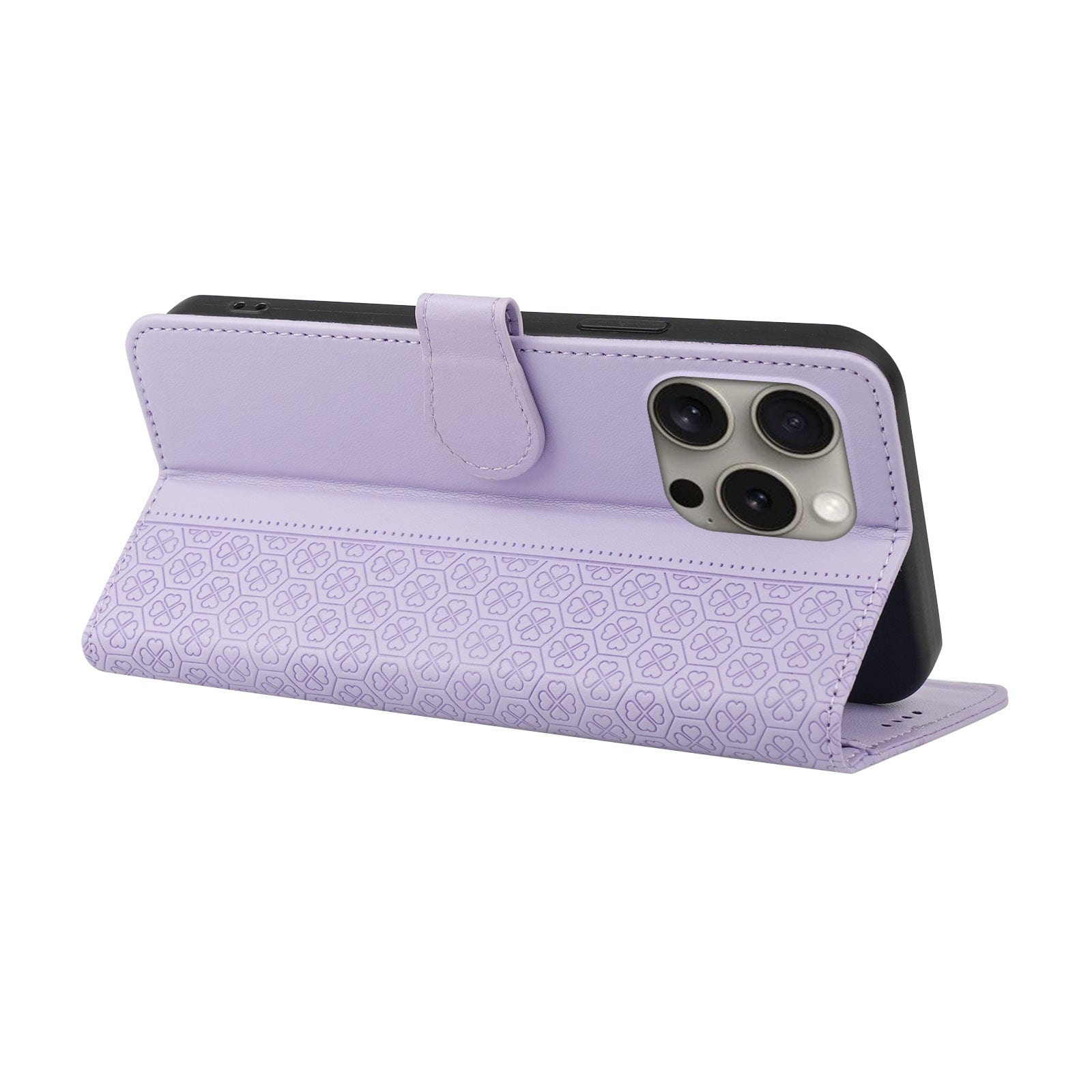 The iPhone 16 Pro Max Wallet Case - Synthetic Leather features a magnetic closure flap, cutouts for the camera lenses, and a patterned design in purple. The case can be propped open to securely hold your iPhone 16 Pro Max, offering both functionality and style.