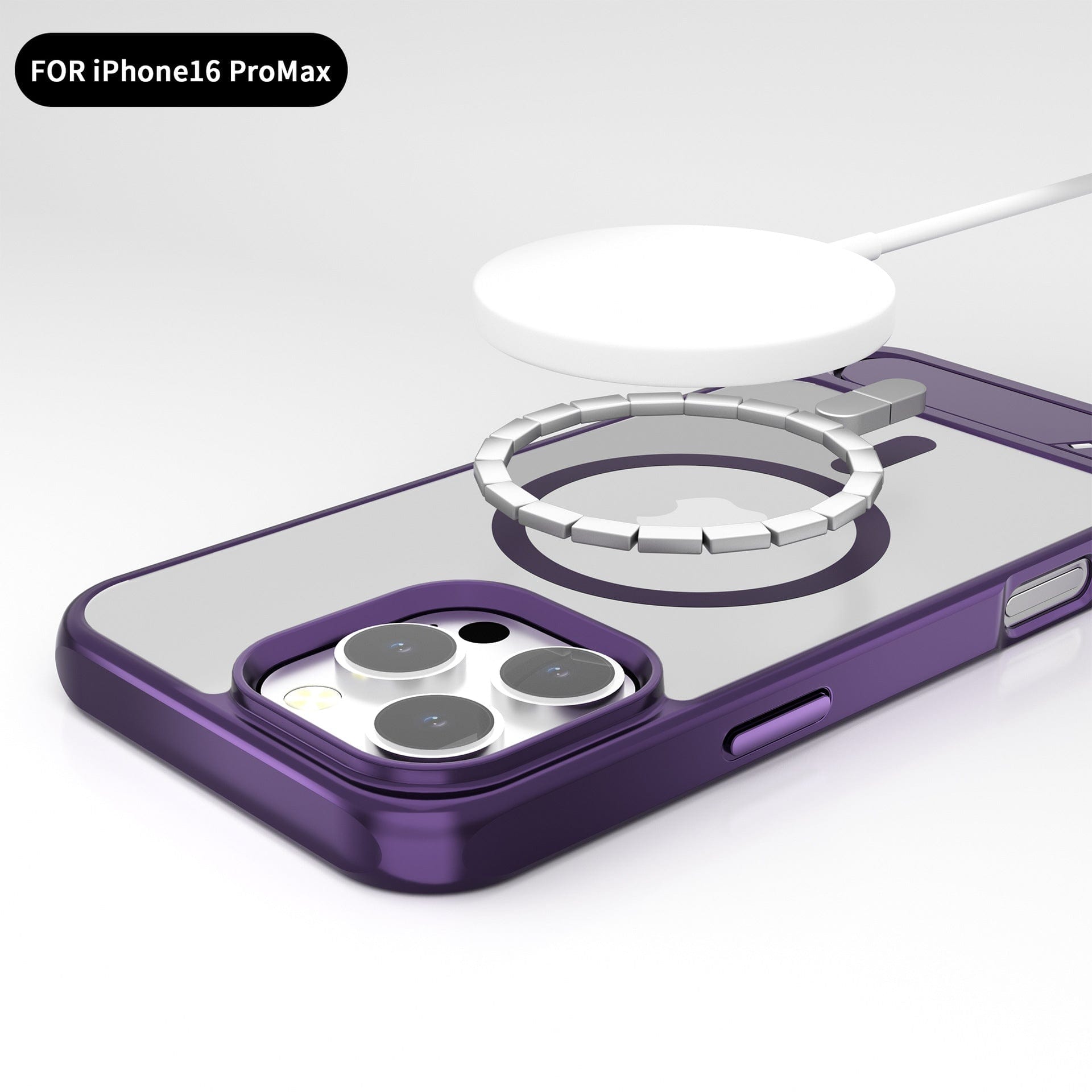 The MagSafe Compatible iPhone 16 Pro Max Case with Kickstand, in a chic purple hue, encases the device as it lies on a spotless white surface. A white circular magnetic charging pad is effortlessly attached to the back of the case, showcasing its magnetic adsorption capability.