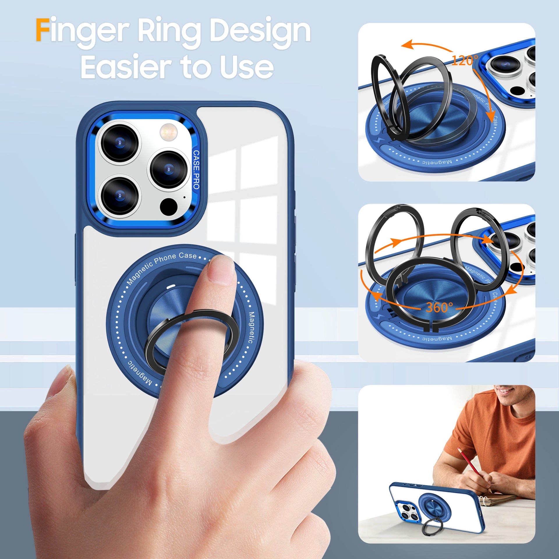 A person holds the Magnetic Ring iPhone 16 Pro Max Case, a MagSafe compatible shockproof clear cover featuring a blue magnetic design with a 360° rotating finger ring. The ring can rotate 120° vertically and 360° horizontally. In the lower right image, a man utilizes the phone's stand feature, taking advantage of its MagSafe compatibility.