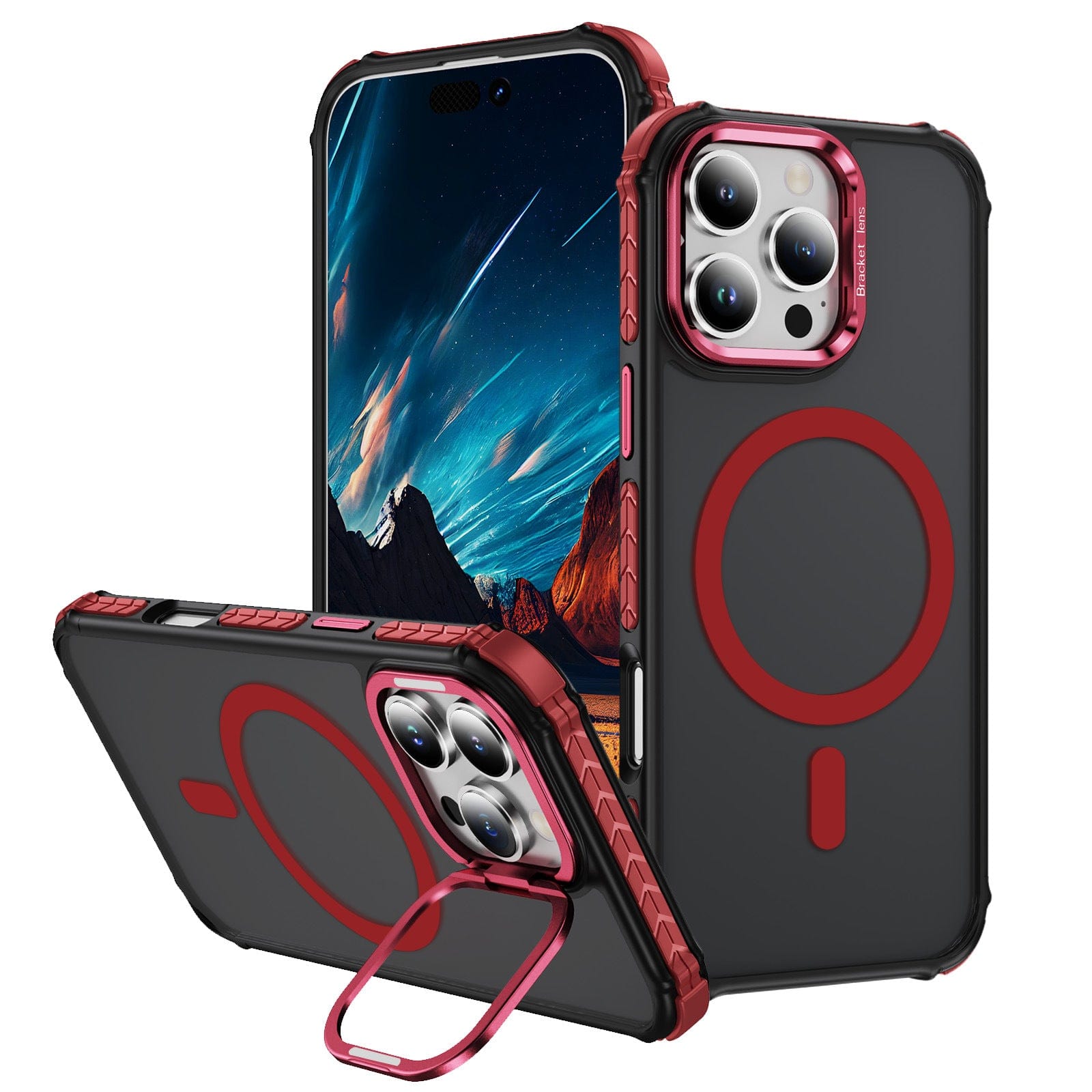 Two smartphones in protective cases are displayed. One phone, enclosed in a red iPhone 16 Pro Max Rugged MagSafe Case with dual-layer shockproof protection, is upright showing a mountain and starry sky wallpaper. The second phone lies horizontally showcasing the back of the case with an orange-accented ring holder and metal kickstand for MagSafe compatibility.