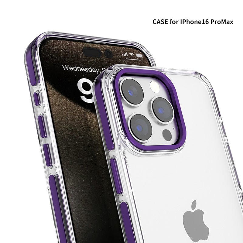 Sleek and stylish, the iPhone 16 Pro Max Clear Case with TPU Bumper perfectly complements the phone's design, featuring a transparent PC back cover and dual-layer protection, with a clock displaying 9:41 on its screen.