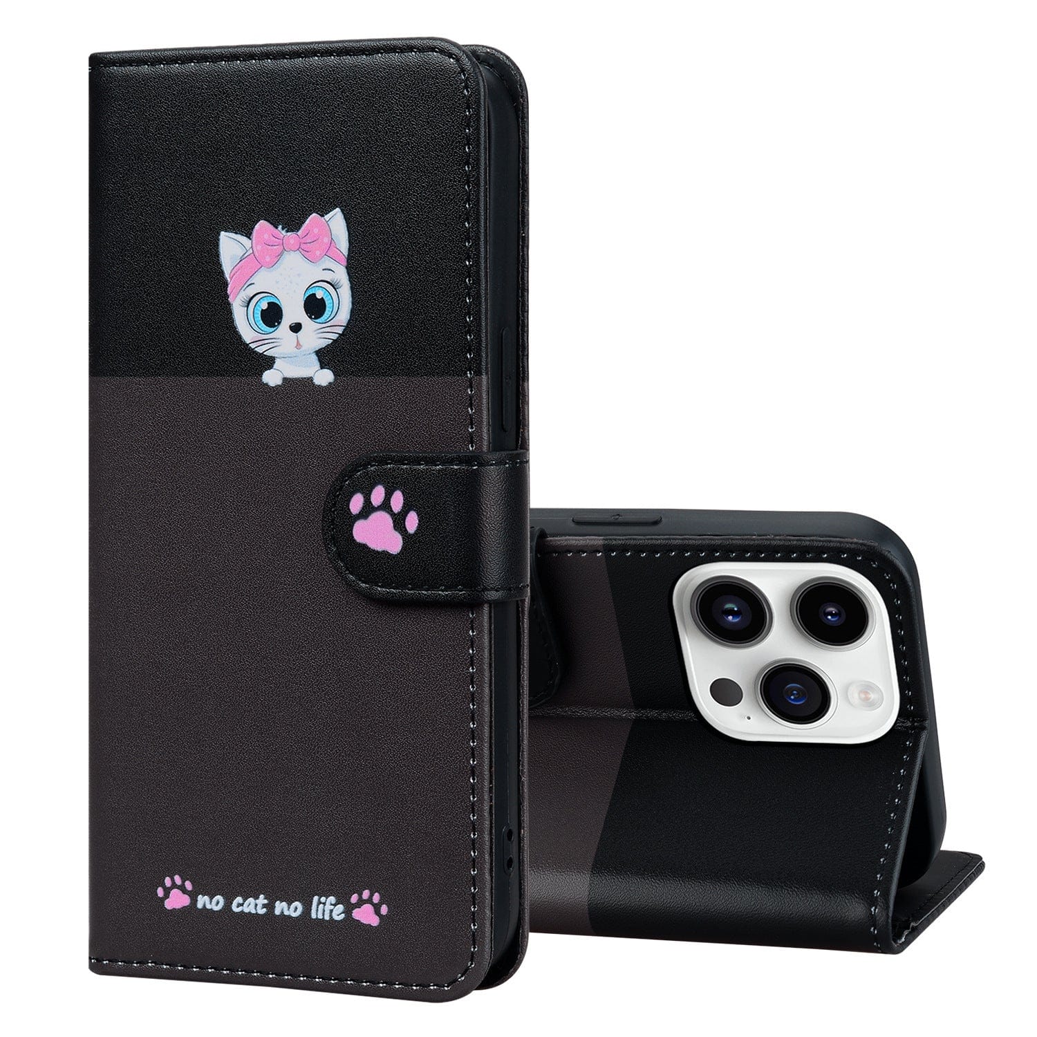 The Cute Cartoon iPhone 16 Pro Max Wallet Case, featuring a black design with a cartoon cat, pink paw prints, and the text "no cat no life," is shown both closed and opened to display the phone inside. This shockproof flip cover also includes stand functionality, drop protection, and card slots.