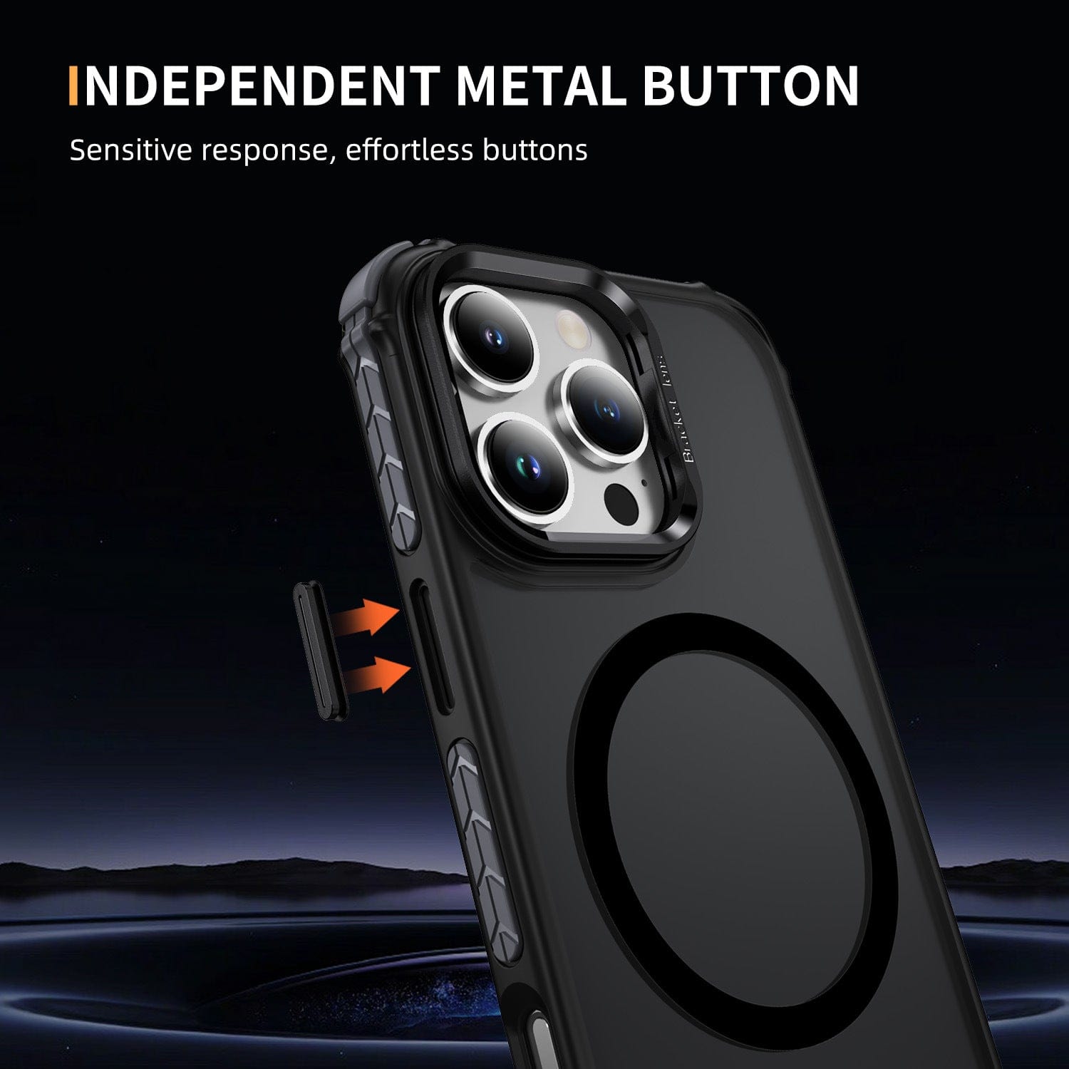 A close-up of the iPhone 16 Pro Max Rugged MagSafe Case reveals its independent metal button designed for sensitive response. The case features MagSafe compatibility with a circular magnetic ring on the back, rugged dual-layer shockproof protection on the sides, and stylish orange accents.