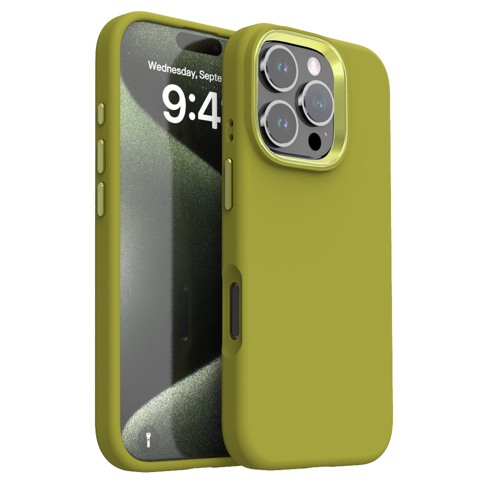 A green Liquid Silicone iPhone 16 Pro Max Case with Soft Microfiber Lining is shown from the front and back. The screen displays the time 9:41 and the date Wednesday, September 12. This shockproof protective cover with a metal camera ring provides enhanced protection for your device.