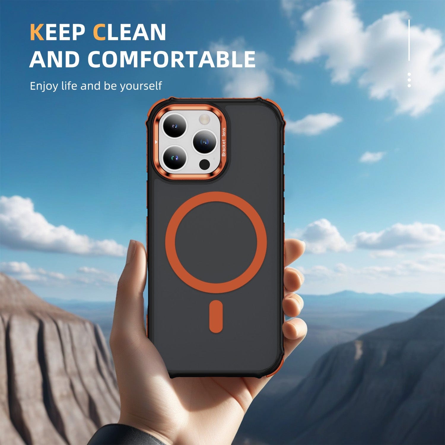 A hand holds the iPhone 16 Pro Max Rugged MagSafe Case with dual-layer shockproof protection and a metal kickstand in front of a mountainous landscape. Text reads, "KEEP CLEAN AND COMFORTABLE Enjoy life and be yourself." Orange accents add a touch of style.