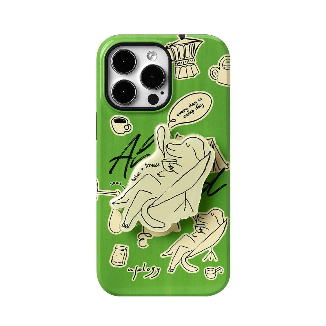 Lazy Day Elephant MagSafe iPhone 16 Pro Max case featuring a playful green design with a relaxed anthropomorphic dog along with coffee-related doodles and phrases.