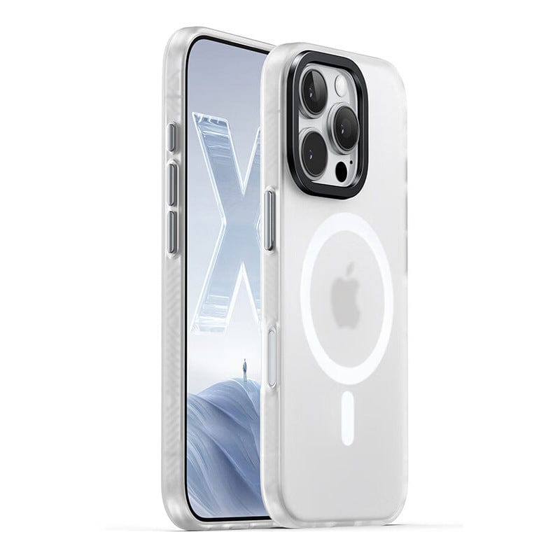 The iPhone 16 Pro Max MagSafe Case | X-002 Hdens Matte Finish Shockproof Cover, shown on a phone with a mountain-themed wallpaper, features a visible MagSafe ring and Apple logo. This case also includes Shockproof Technology to keep your device protected.