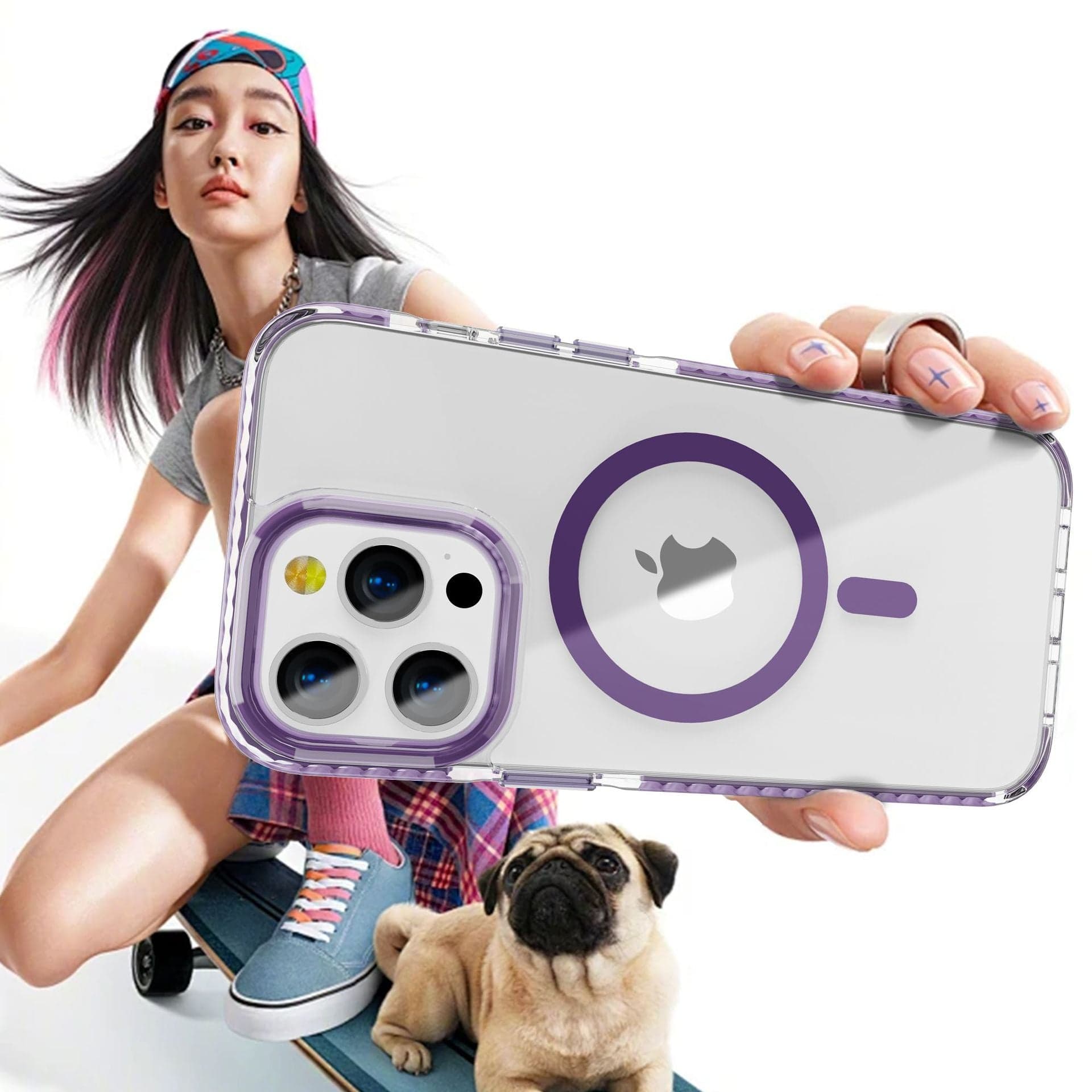 A person holding a smartphone with an iPhone 16 Pro Max Case - Acrylic Backplate with TPU Frame, Shockproof, MagSafe Compatible (purple-rimmed), posing on a skateboard, and a pug sitting on the floor in the foreground.