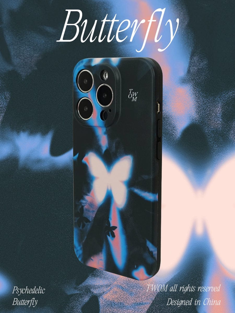 The image showcases a Luminous Butterfly iPhone 16 Pro Max case featuring a vibrant, psychedelic butterfly design with vivid blue and red hues. The word "Butterfly" is prominently displayed at the top. Additional text includes "Psychedelic Butterfly," "JWOM," and "Designed in China.