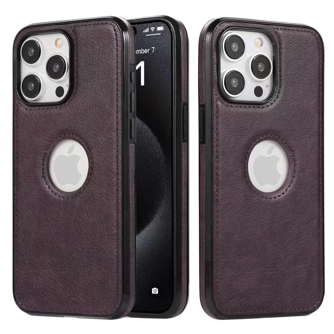 Two iPhones in dark brown premium synthetic leather cases, side by side, flaunt both the front screen and back camera with an Apple logo visible through a circular cutout. These sleek iPhone 16 Pro Max Premium Synthetic Leather Cases perfectly complement the sophisticated design.