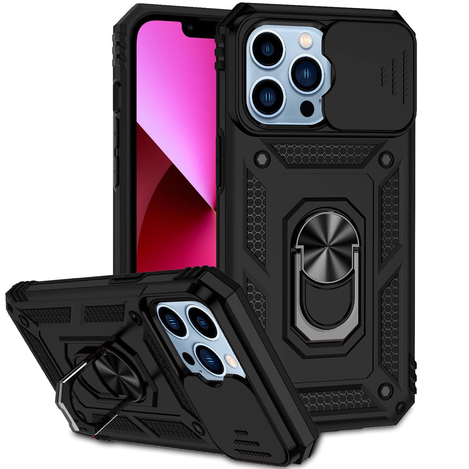 Two black iPhone 16 Pro Max cases with a rugged shockproof design, featuring magnetic ring stands and camera lens covers; one case is shown upright with the phone inside, and the other is displayed laying down.