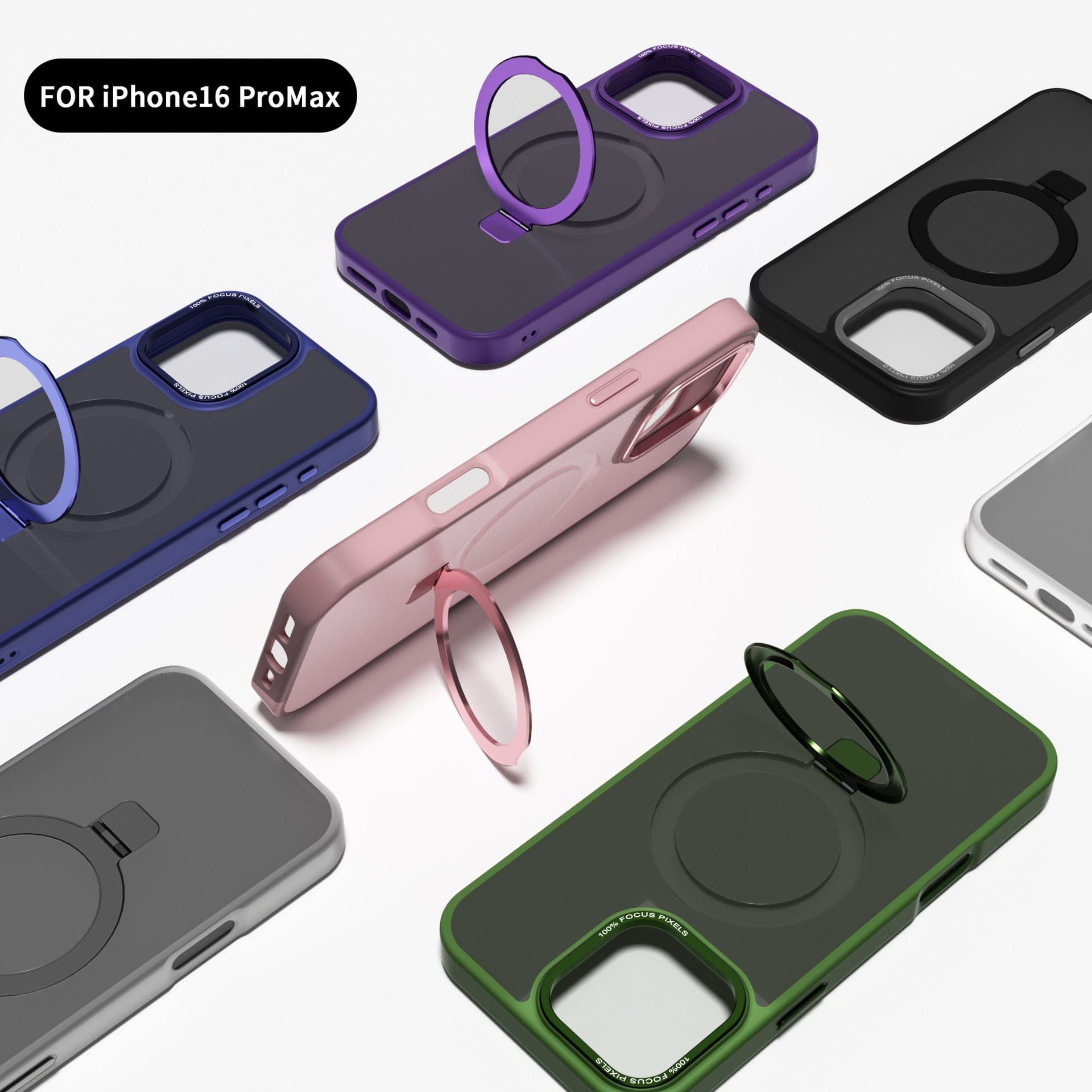 MagSafe iPhone 16 Pro Max cases with ring stands, available in a variety of colors, are arranged on a white surface. Each case features a soft-touch finish, TPU+PC material, metal camera frame, and an anti-slip design.