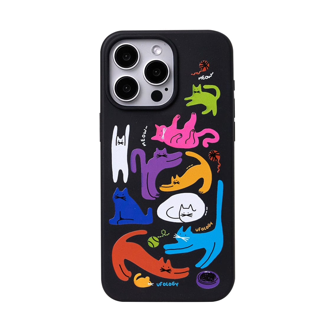 The Colorful Cats MagSafe iPhone 16 Pro Max Case, featuring a vibrant design with colorful illustrations of cats in various playful poses and text such as "meow" and "ufology," offers an all-inclusive protective cover for your device.