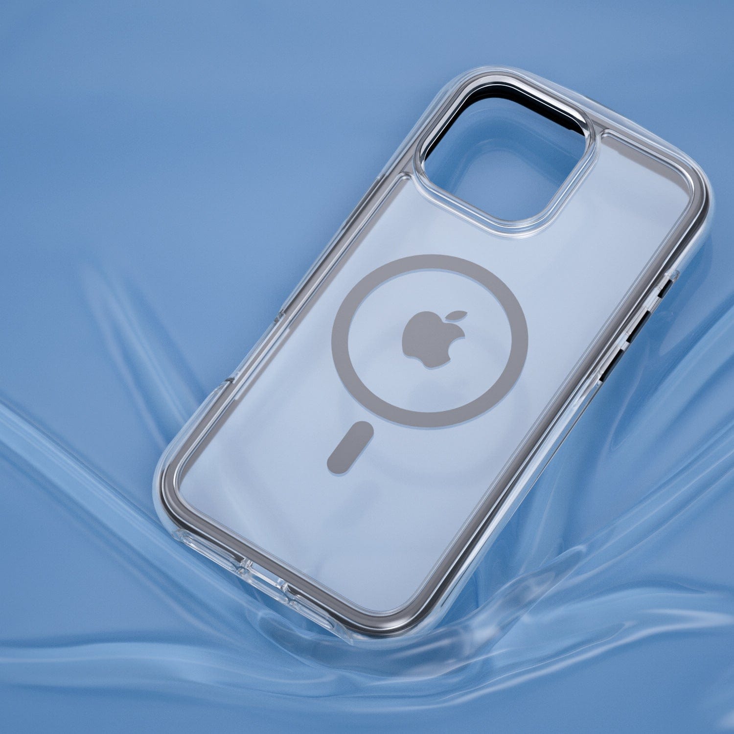 iPhone 16 Pro Max Air Cushion MagSafe Case | 360° Shockproof Clear Protective Cover, featuring a circular logo with an Apple icon, placed on a smooth, blue surface.