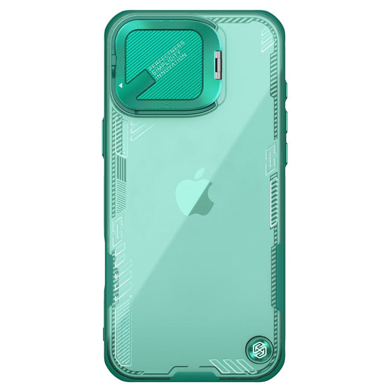 A green MagSafe compatible iPhone 16 Pro Max case with a transparent back and a textured camera cover featuring engraved text. Made from eco-friendly shockproof TPU, bio-based PC, and aluminum, the case ensures the Apple logo is visible while providing seamless charging compatibility.