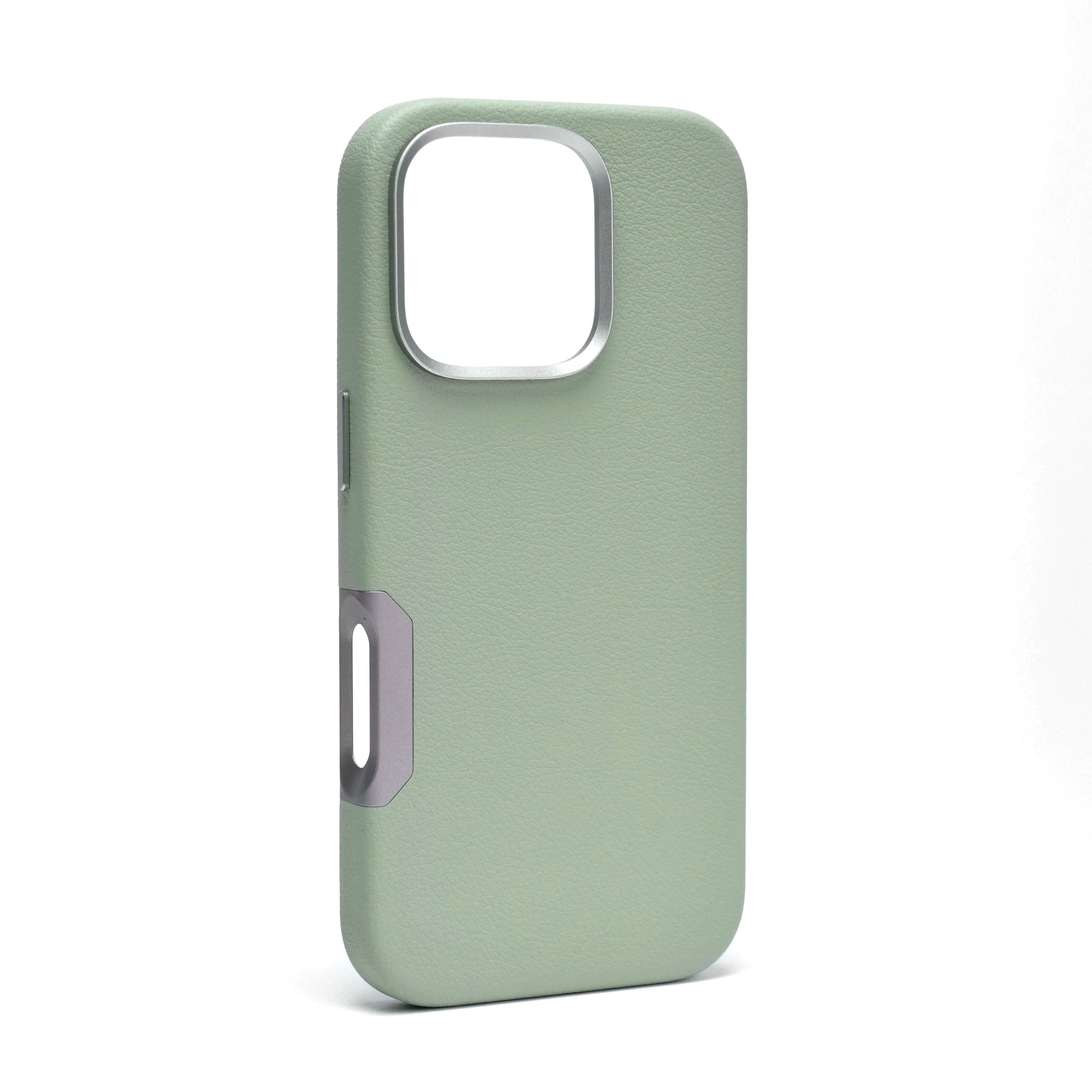 A green iPhone 16 Pro Max Leather Case includes a textured surface, aluminum alloy buttons, precise cutouts for the camera, and is MagSafe compatible.