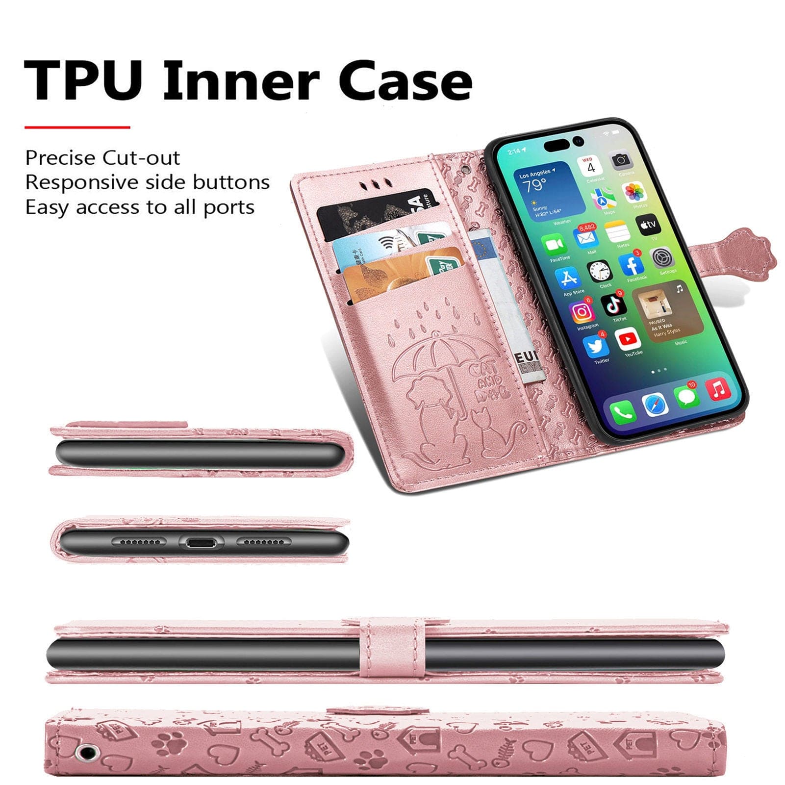 Pink TPU iPhone 16 Pro Max Wallet Case with Cute Cat and Dog Embossed Design featuring card slots, precise cut-outs, responsive side buttons, and easy port access. Crafted from PU leather. Shown from multiple angles with a phone inside.