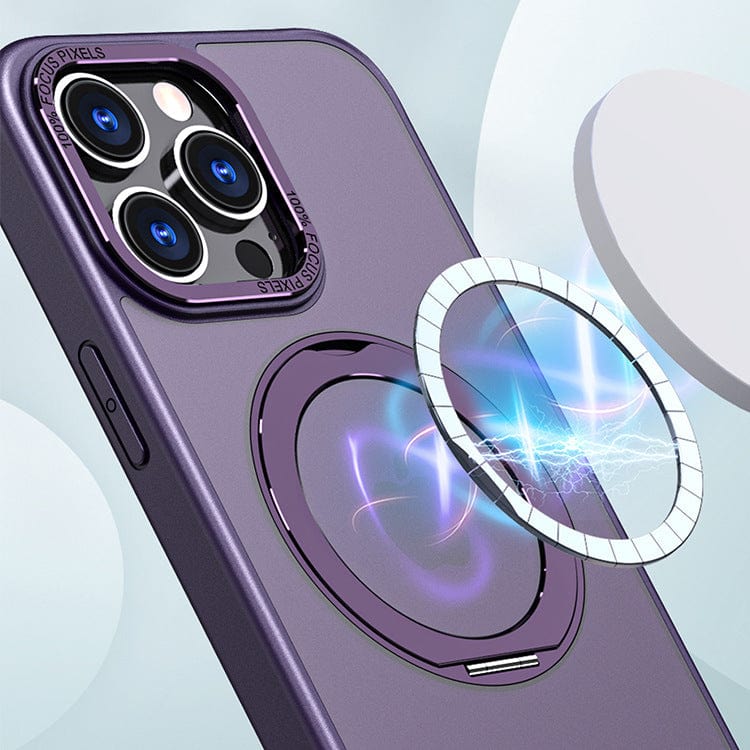 Close-up of the iPhone 16 Pro Max Case - Shockproof with 360° Rotating Stand, featuring a purple back cover with MagSafe compatibility, alongside a transparent circular device displaying electric energy.