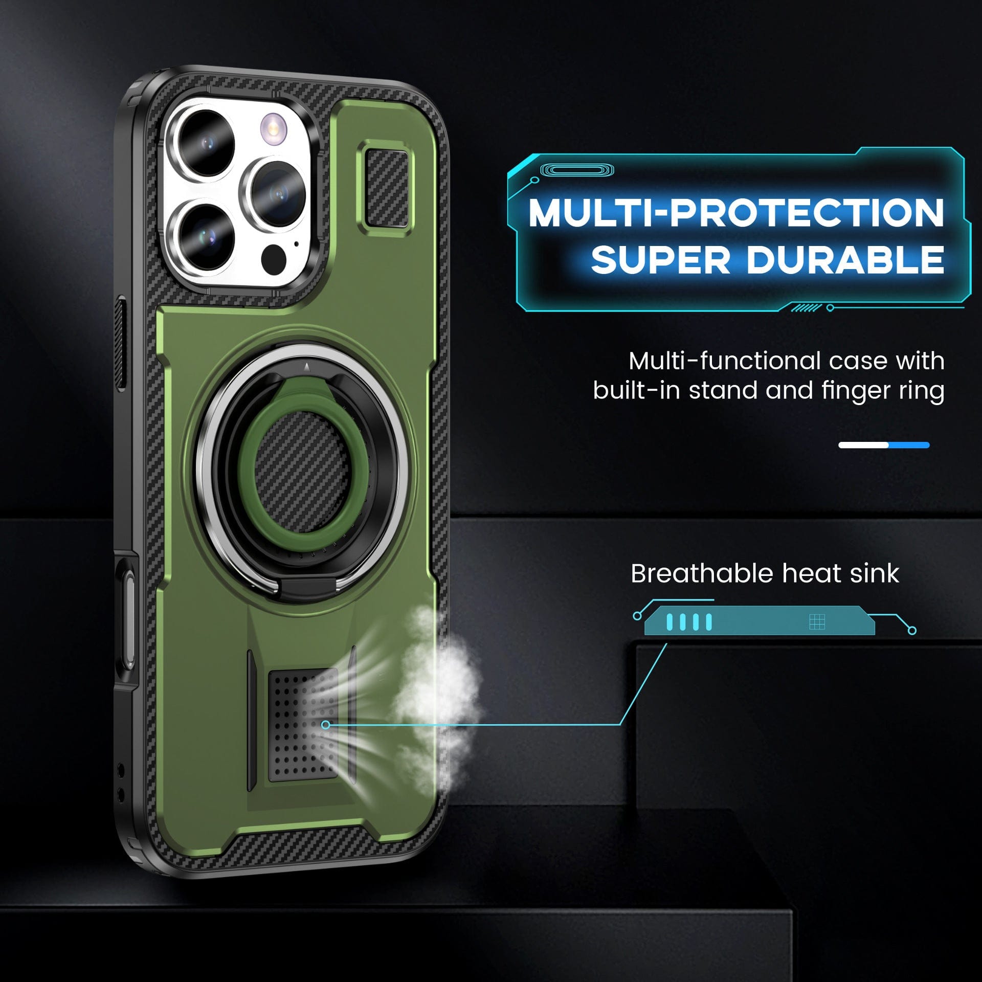 Multi-functional Heavy-Duty iPhone 16 Pro Max Case with built-in 360° rotating ring holder, MagSafe compatibility, and carbon fiber accents. Text reads "Multi-Protection Super Durable.